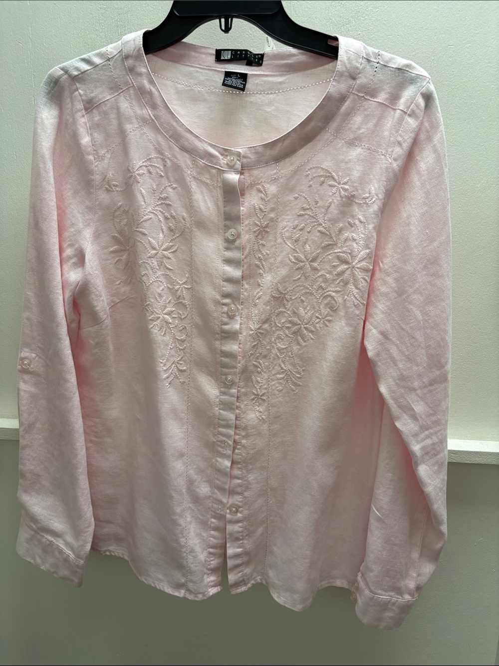 Carole Little Light Pink Linen Embroidered Button-Front Blouse